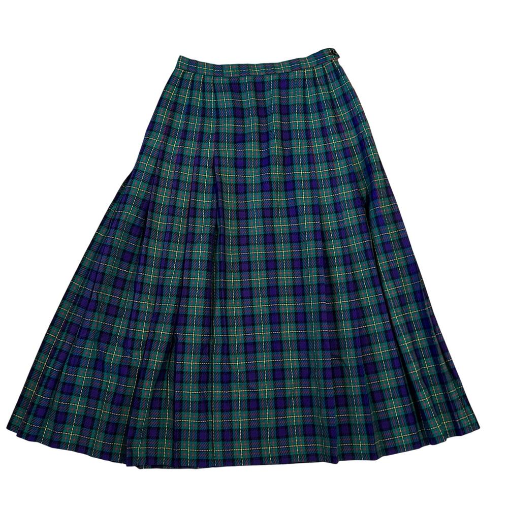 Vintage 60s Pendleton Wool Tartan Plaid Pleated Midi Skirt Green Purple Sz 6